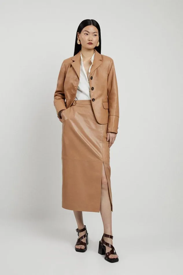 Leather Single Breasted Tailored Blazer Tan Women Karen Millen Coats and Jackets
