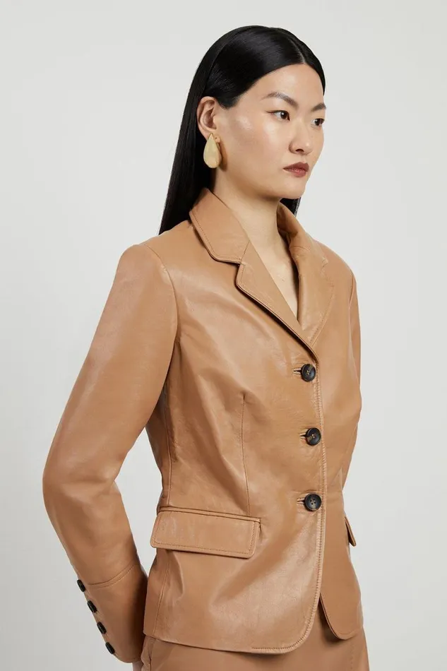 Leather Single Breasted Tailored Blazer Tan Women Karen Millen Coats and Jackets