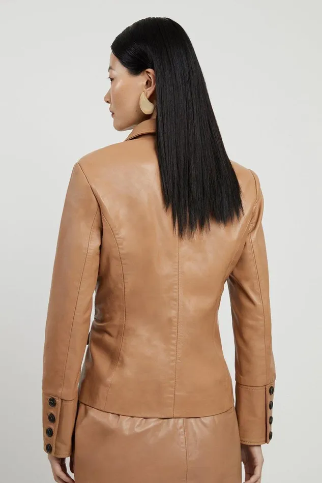 Leather Single Breasted Tailored Blazer Tan Women Karen Millen Coats and Jackets