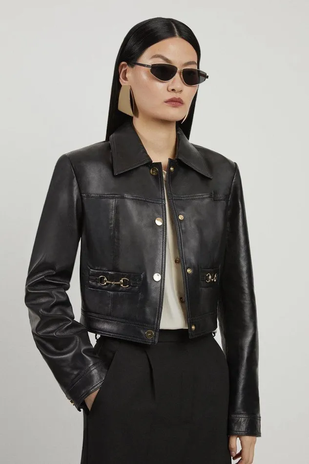 Leather Snaffle Trim Jacket Black Women Karen Millen Coats and Jackets