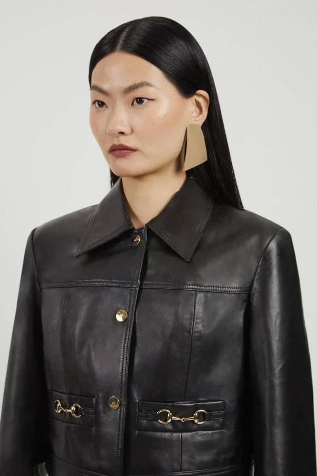 Leather Snaffle Trim Jacket Black Women Karen Millen Coats and Jackets