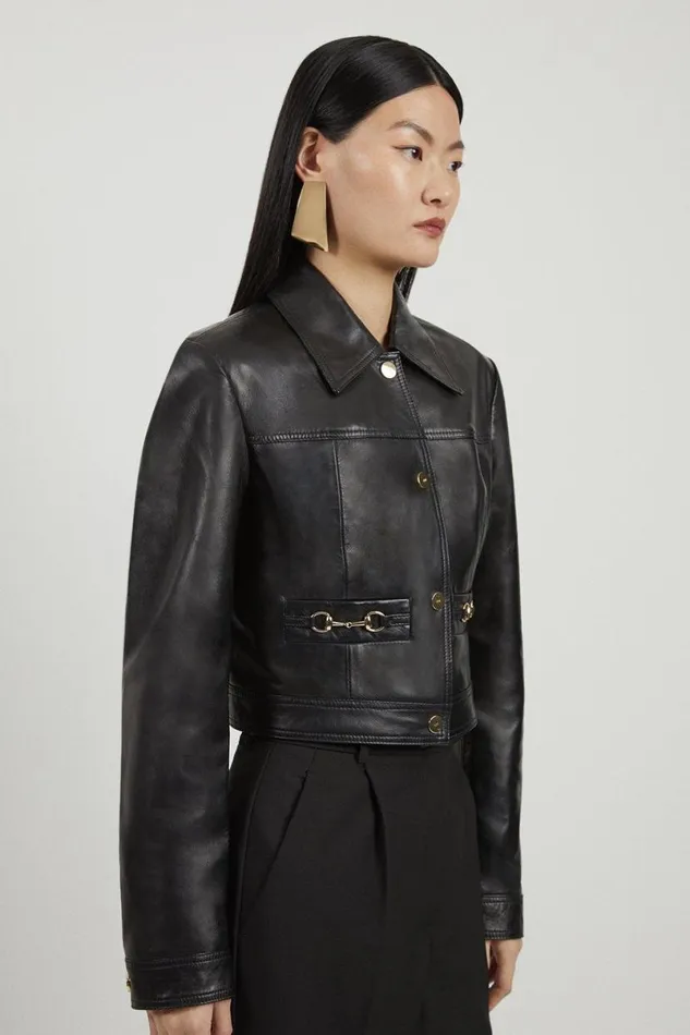 Leather Snaffle Trim Jacket Black Women Karen Millen Coats and Jackets