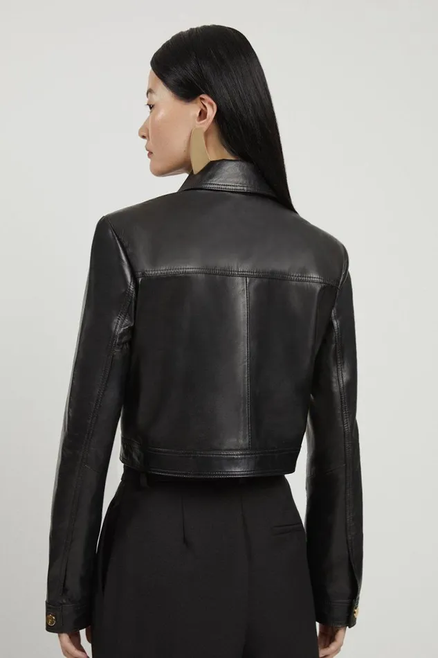 Leather Snaffle Trim Jacket Black Women Karen Millen Coats and Jackets