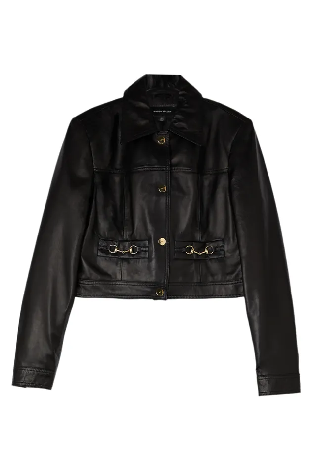 Leather Snaffle Trim Jacket Black Women Karen Millen Coats and Jackets