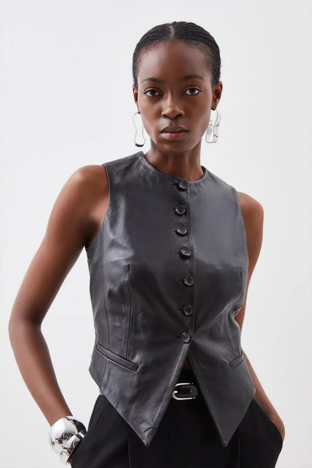 Leather Tailored Button Waistcoat Black Women Karen Millen Coats and Jackets