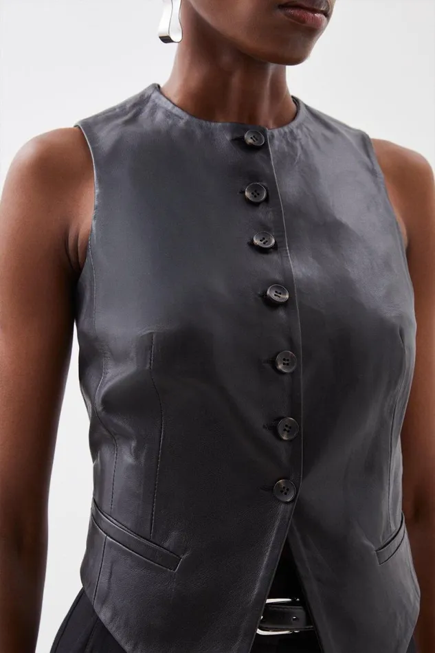 Leather Tailored Button Waistcoat Black Women Karen Millen Coats and Jackets