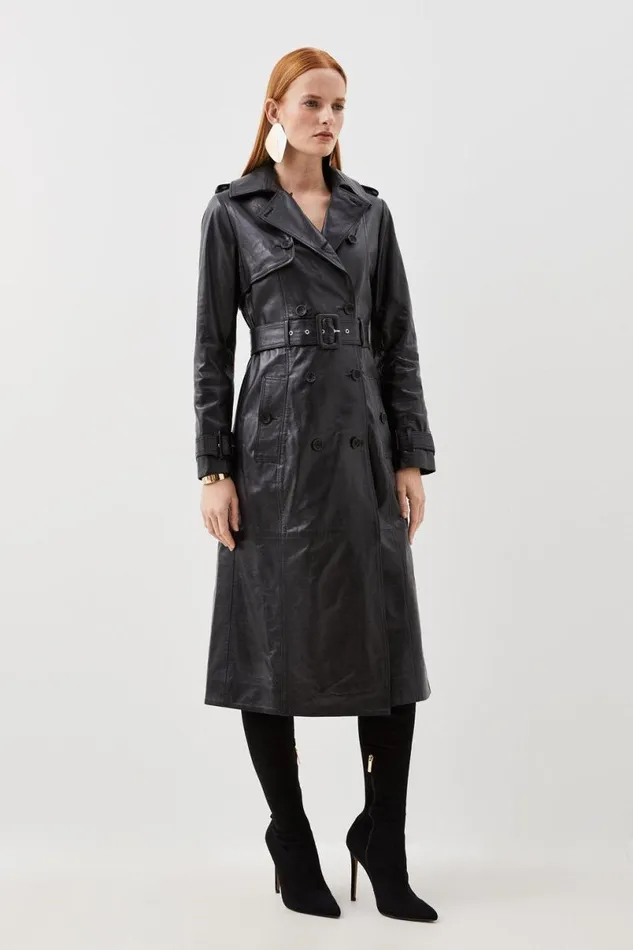 Leather Trench Belted Mac Midi Coat Black Women Karen Millen Coats and Jackets