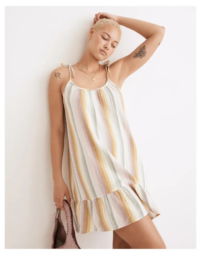 Lightestspun Tie Strap Ruffle Hem Cover Up Dress In Rainbow Stripe Golden Meadow Women Madewell Swim Lightestspun Tie Strap Ruffle Hem Cover Up Dress In Rainbow Stripe Golden Meadow Women Madewell Swim