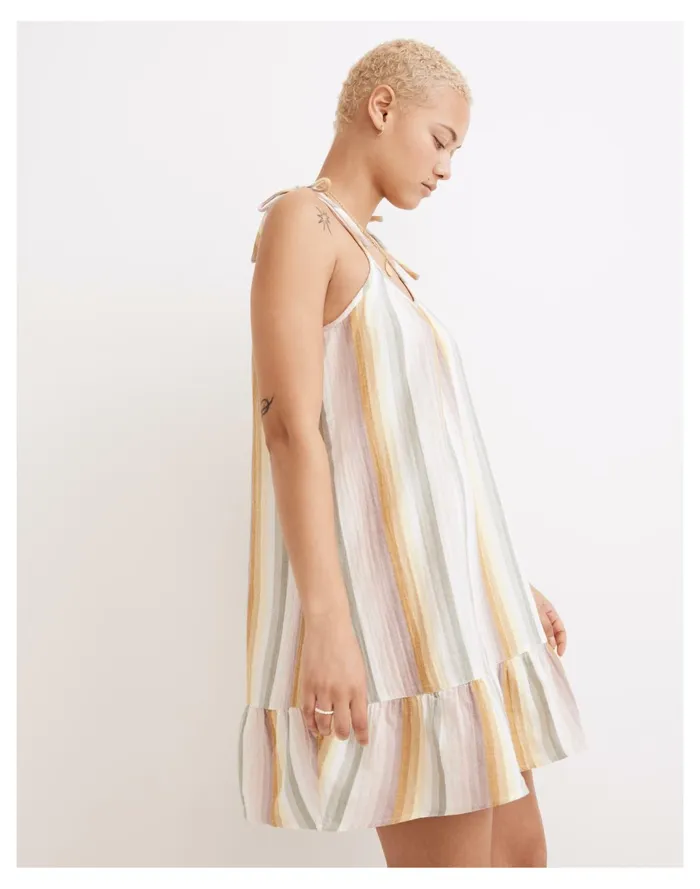Lightestspun Tie Strap Ruffle Hem Cover Up Dress In Rainbow Stripe Golden Meadow Women Madewell Swim Lightestspun Tie Strap Ruffle Hem Cover Up Dress In Rainbow Stripe Golden Meadow Women Madewell Swim