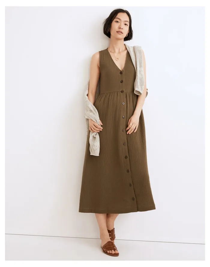 Lightspun Button Front Tank Midi Dress Kale Women Madewell Dresses