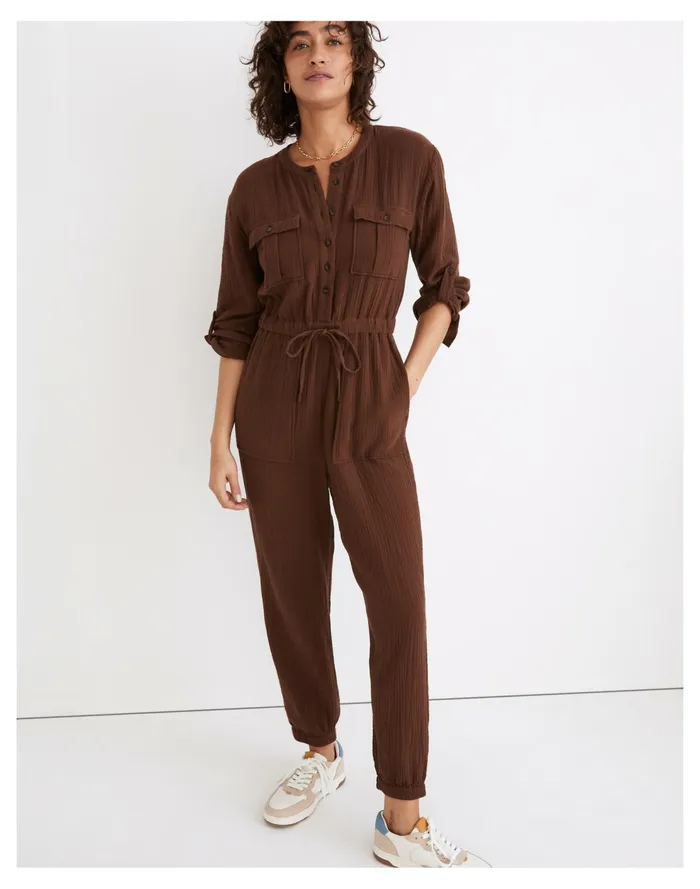 Lightspun Tapered Leg Jumpsuit Hot Cocoa Women Madewell Jumpsuits and Overalls