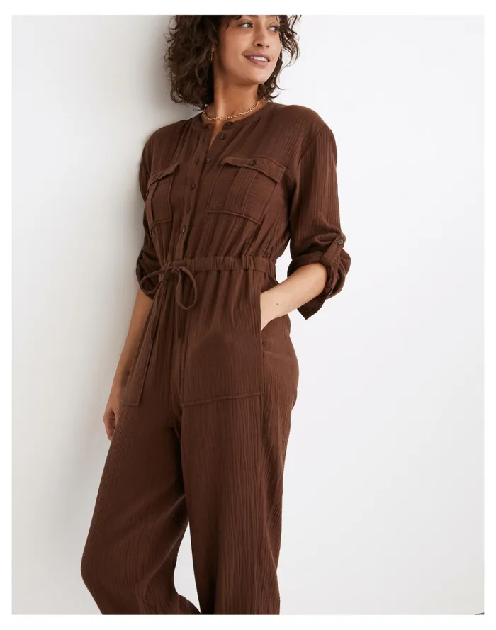 Lightspun Tapered Leg Jumpsuit Hot Cocoa Women Madewell Jumpsuits and Overalls Lightspun Tapered Leg Jumpsuit Hot Cocoa Women Madewell Jumpsuits and Overalls
