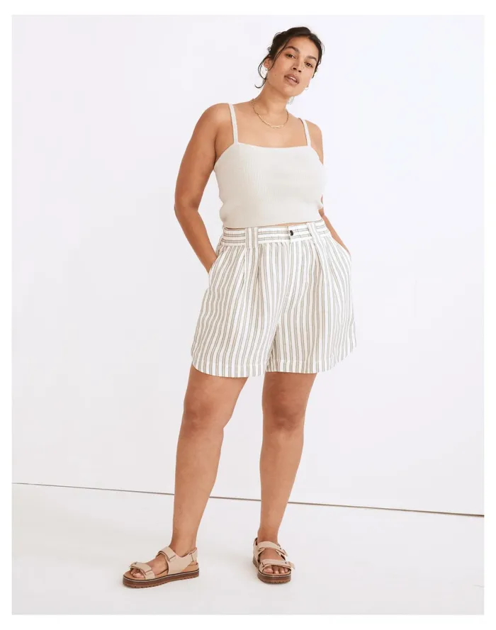 Linen Blend Curved Hem Shorts In Stripe Distant Grove Women Madewell Shorts