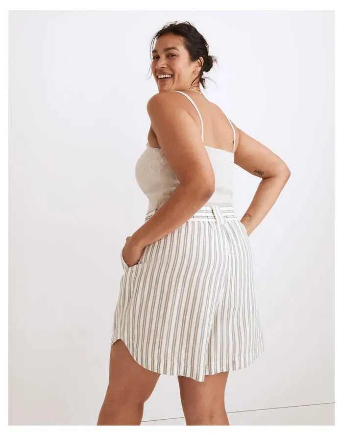 Linen Blend Curved Hem Shorts In Stripe Distant Grove Women Madewell Shorts
