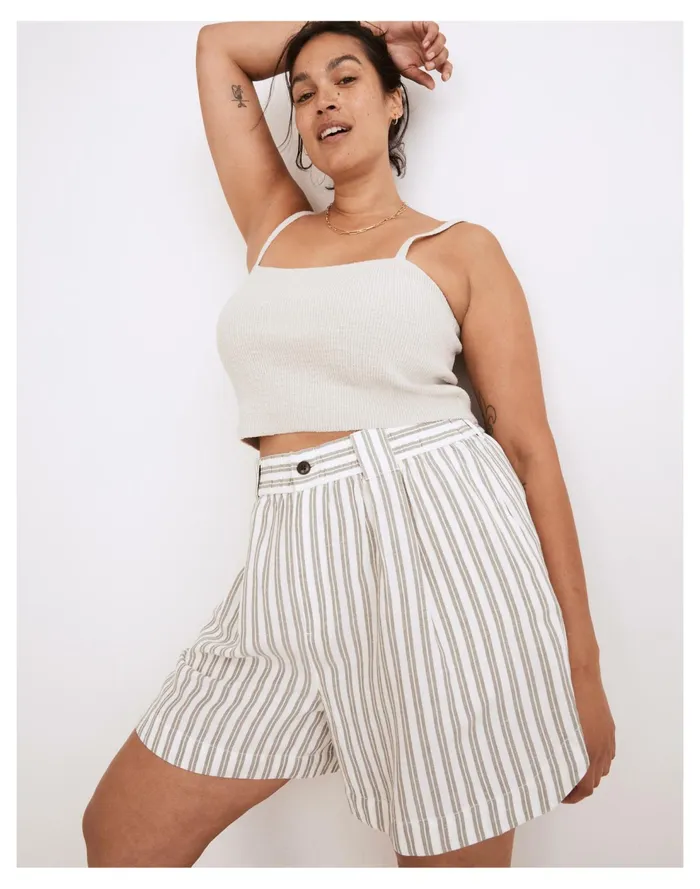 Linen Blend Curved Hem Shorts In Stripe Distant Grove Women Madewell Shorts