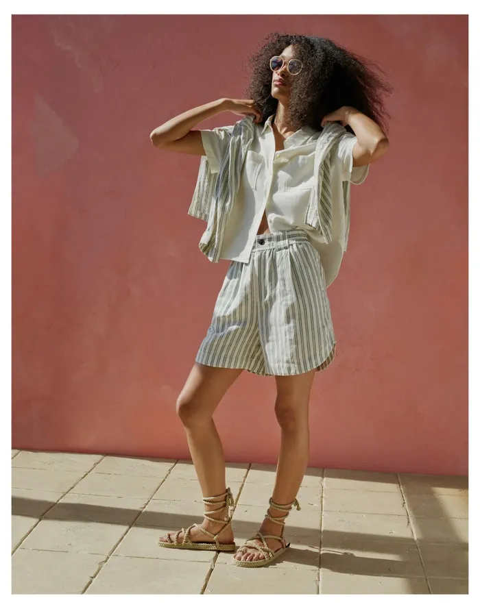 Linen Blend Curved Hem Shorts In Stripe Distant Grove Women Madewell Shorts