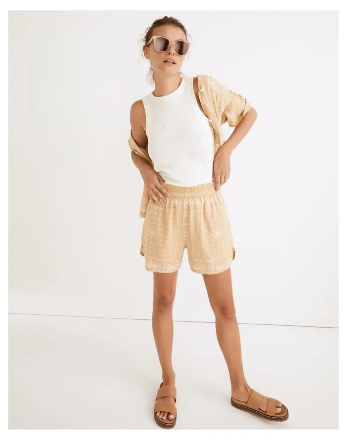 Linen Blend Long Pull On Shorts In Vintage Bandana Desert Dune Women Madewell Shorts