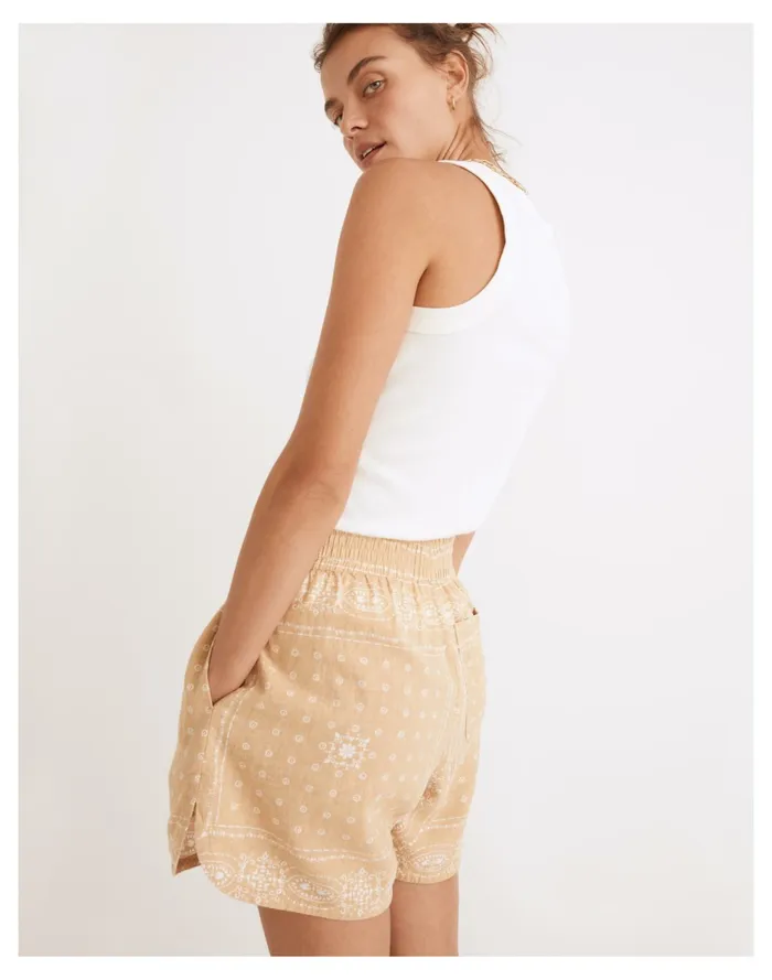 Linen Blend Long Pull On Shorts In Vintage Bandana Desert Dune Women Madewell Shorts Linen Blend Long Pull On Shorts In Vintage Bandana Desert Dune Women Madewell Shorts