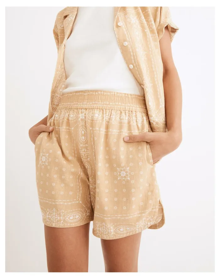 Linen Blend Long Pull On Shorts In Vintage Bandana Desert Dune Women Madewell Shorts Linen Blend Long Pull On Shorts In Vintage Bandana Desert Dune Women Madewell Shorts