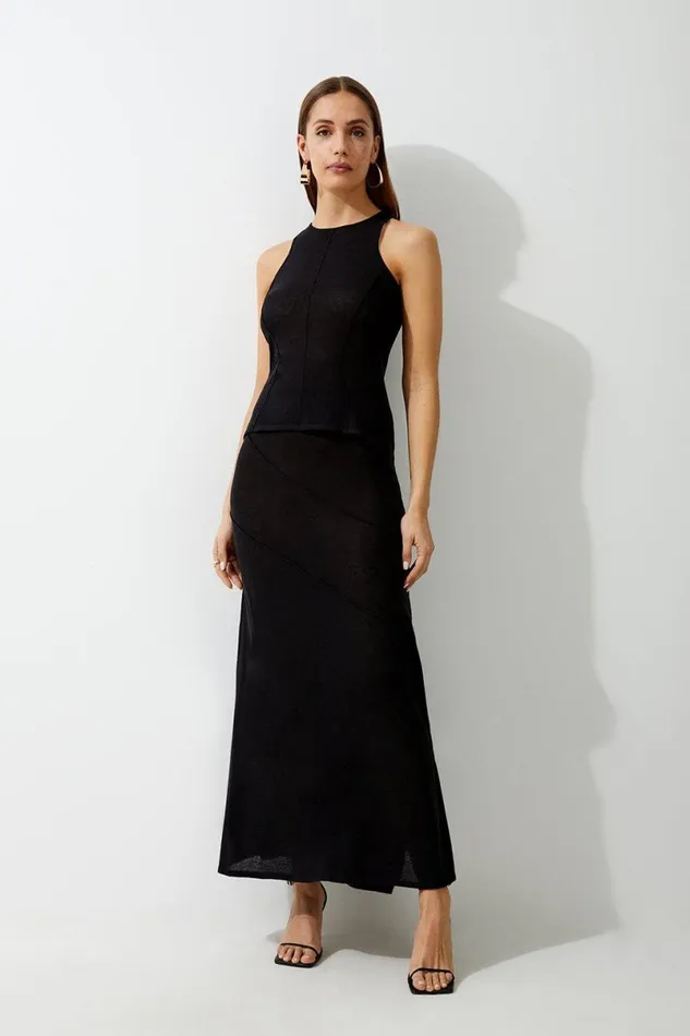 Linen Blend Racer Knit Top Black Women Karen Millen Tops