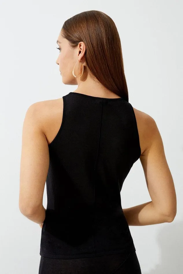 Linen Blend Racer Knit Top Black Women Karen Millen Tops