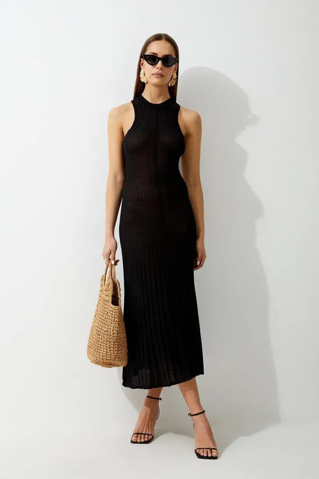 Linen Blend Racer Neck Full Skirt Knit Dress Black Women Karen Millen Dresses