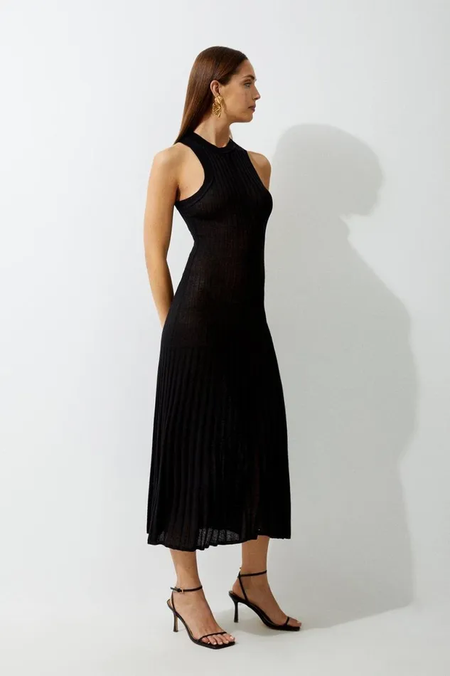 Linen Blend Racer Neck Full Skirt Knit Dress Black Women Karen Millen Dresses