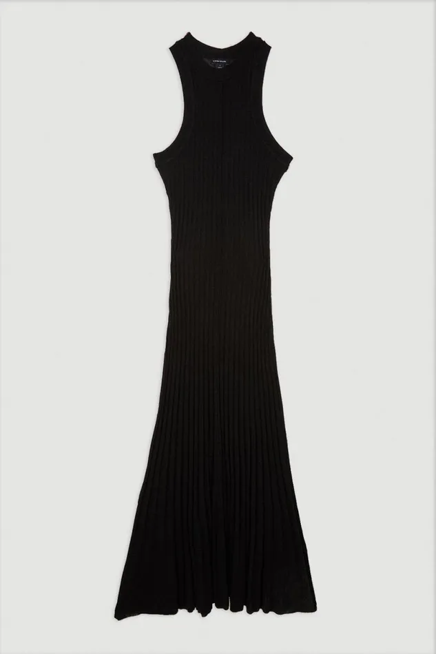 Linen Blend Racer Neck Full Skirt Knit Dress Black Women Karen Millen Dresses