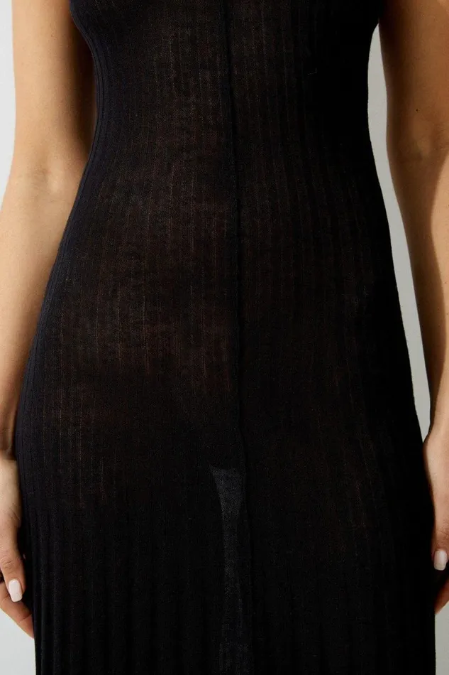 Linen Blend Racer Neck Full Skirt Knit Dress Black Women Karen Millen Dresses