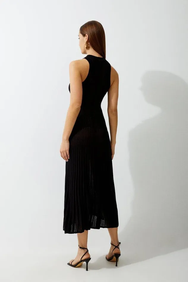 Linen Blend Racer Neck Full Skirt Knit Dress Black Women Karen Millen Dresses