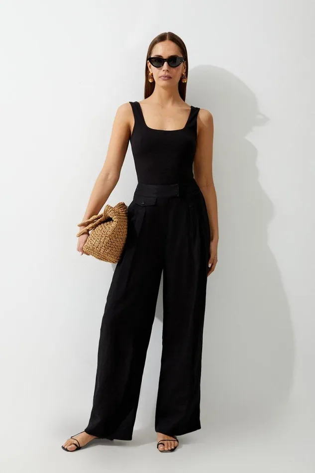 Linen Wide Leg Woven Trouser Black Women Karen Millen Trousers
