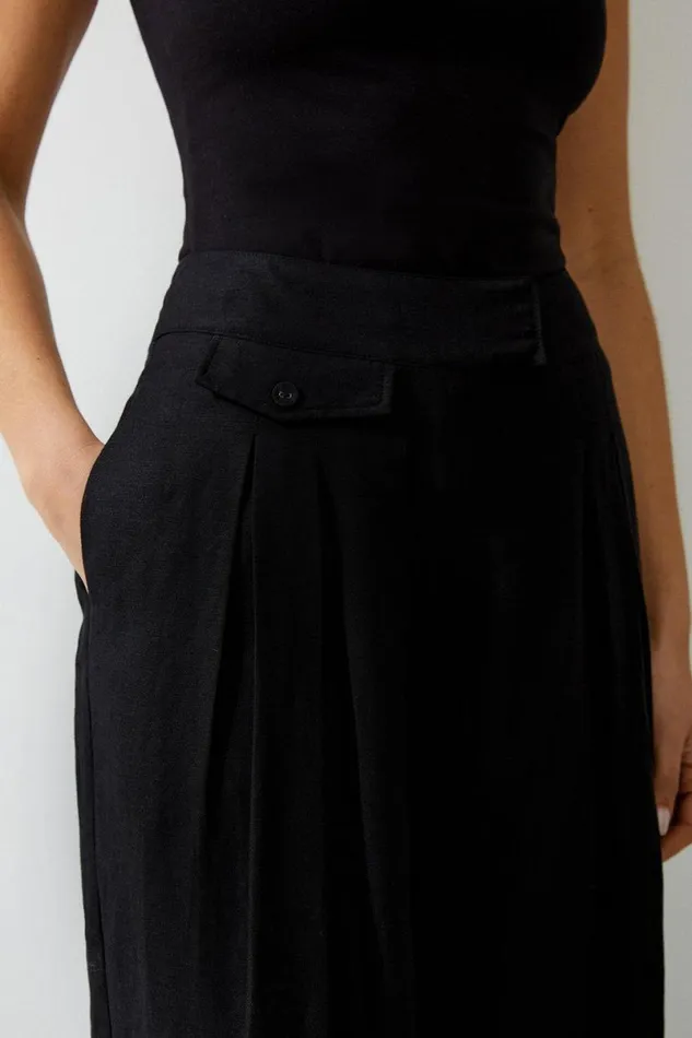 Linen Wide Leg Woven Trouser Black Women Karen Millen Trousers
