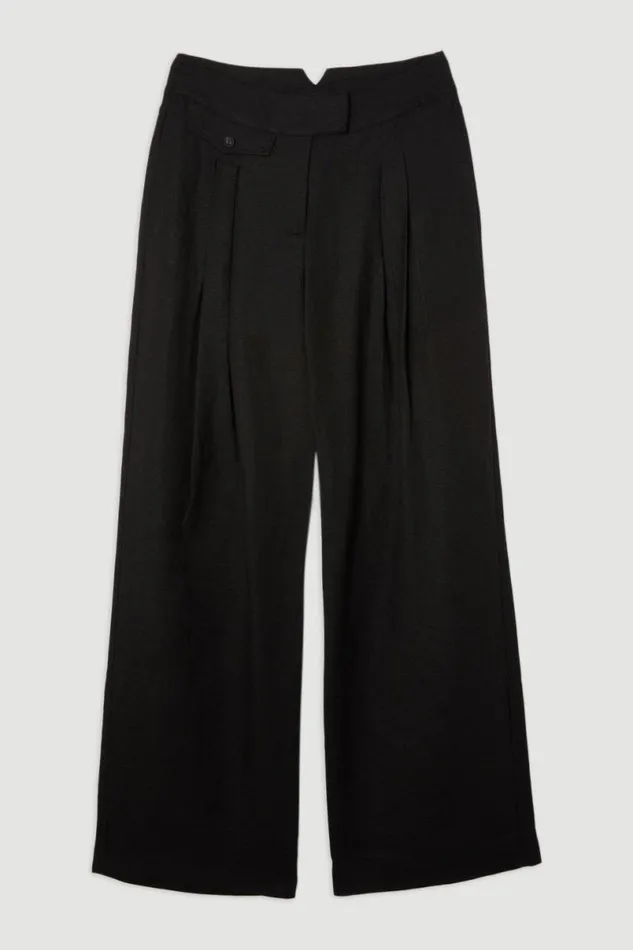 Linen Wide Leg Woven Trouser Black Women Karen Millen Trousers