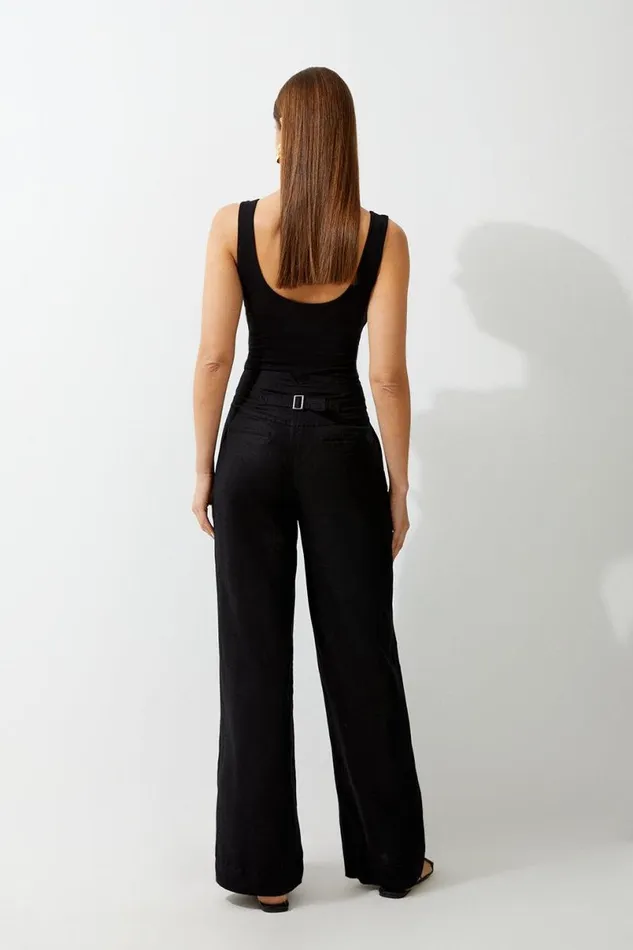 Linen Wide Leg Woven Trouser Black Women Karen Millen Trousers