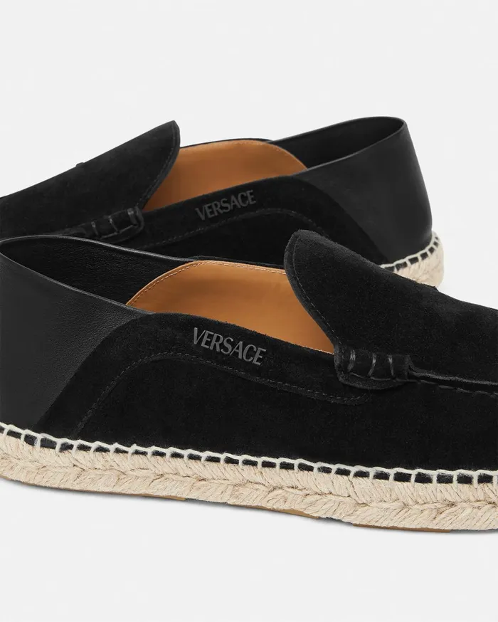 Loafers and Slippers Men Versace Logo Suede Espadrilles Black