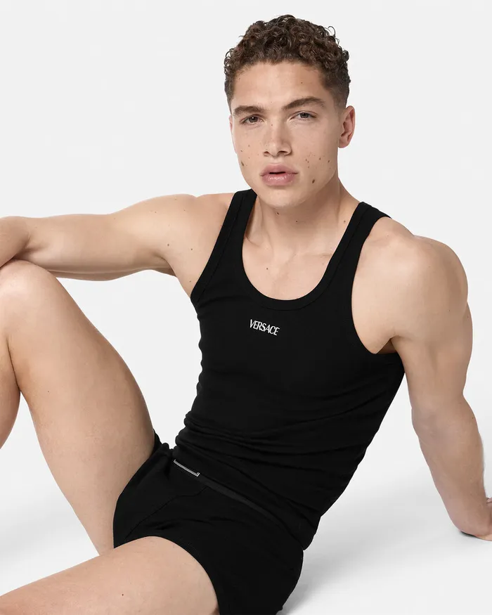 Loungewear and Pajamas Men Versace Logo Ribbed Tank Top Black