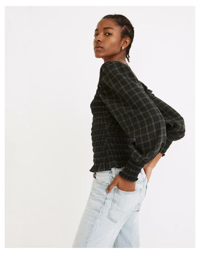 Lucie Bubble Sleeve Smocked Top In Plaid Forest Women Madewell Tops and Shirts