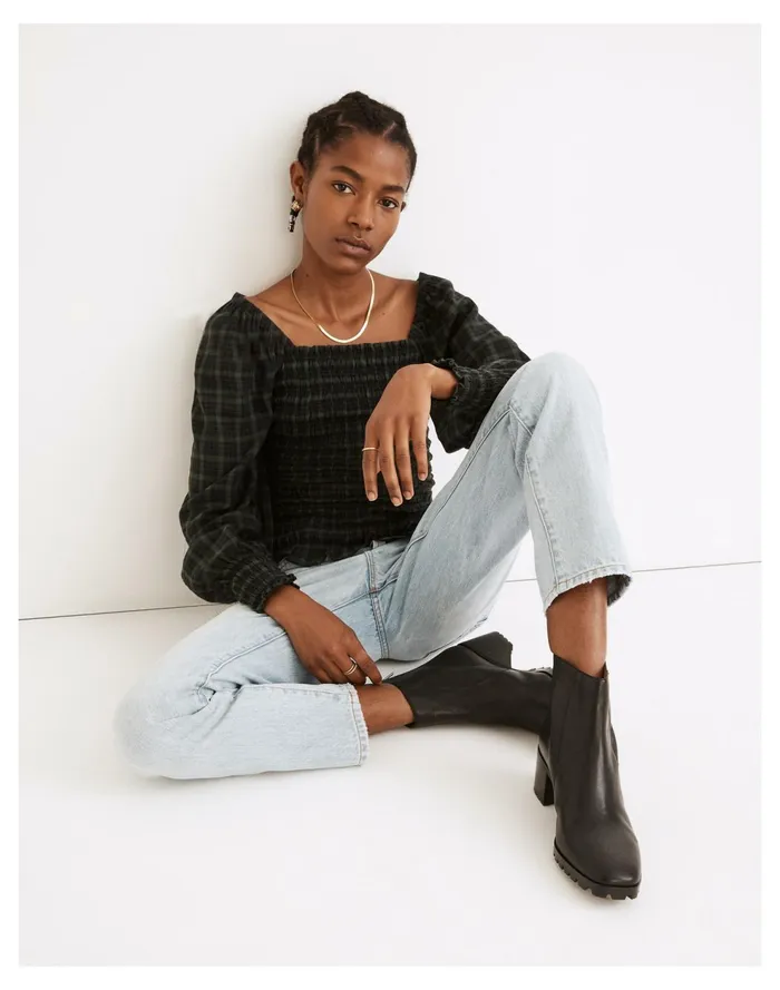 Lucie Bubble Sleeve Smocked Top In Plaid Forest Women Madewell Tops and Shirts