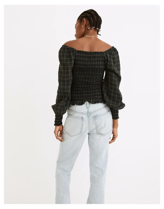 Lucie Bubble Sleeve Smocked Top In Plaid Forest Women Madewell Tops and Shirts