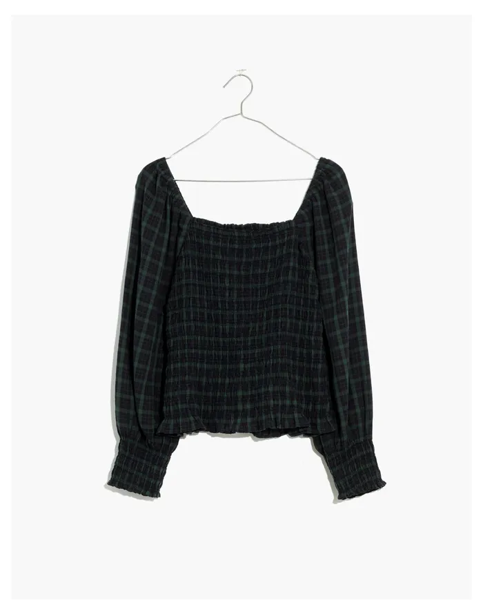 Lucie Bubble Sleeve Smocked Top In Plaid Forest Women Madewell Tops and Shirts