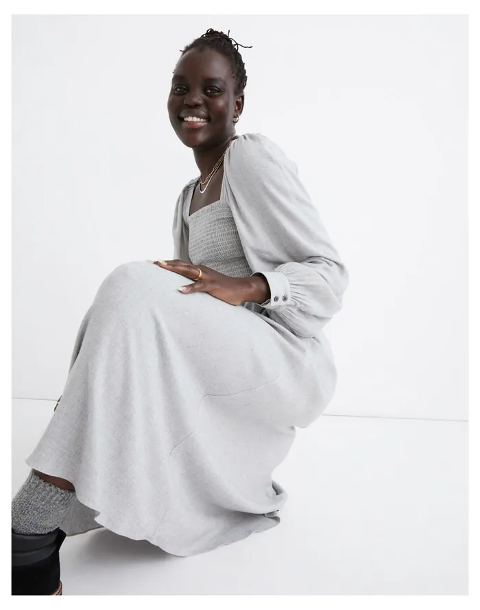Lucie Long Sleeve Smocked Midi Dress In Wool Gauze Heathered Grey Women Madewell Dresses