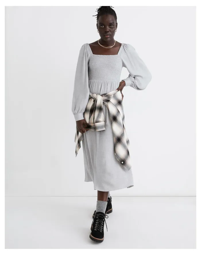 Lucie Long Sleeve Smocked Midi Dress In Wool Gauze Heathered Grey Women Madewell Dresses