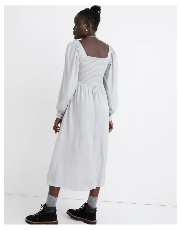 Lucie Long Sleeve Smocked Midi Dress In Wool Gauze Heathered Grey Women Madewell Dresses