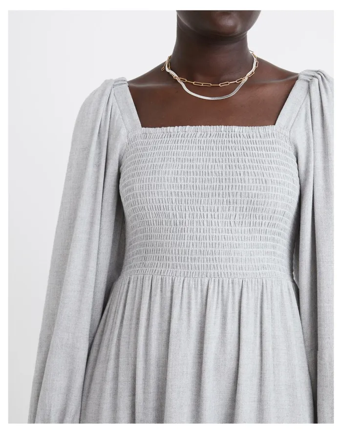 Lucie Long Sleeve Smocked Midi Dress In Wool Gauze Heathered Grey Women Madewell Dresses