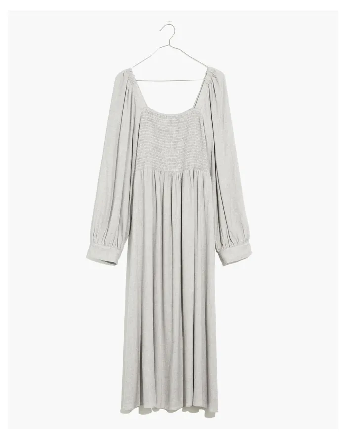 Lucie Long Sleeve Smocked Midi Dress In Wool Gauze Heathered Grey Women Madewell Dresses