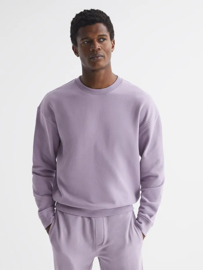 Men Alistar Oversized Garment Dye Sweatshirt Lilac Reiss Sweats and Hoodies