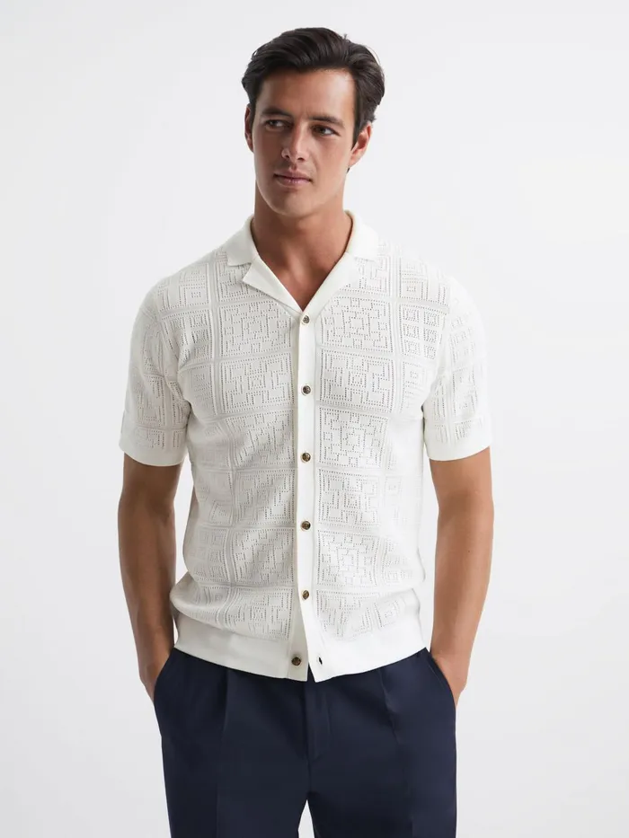 Men Amersham Textured Button Through Shirt Black Reiss Shirts