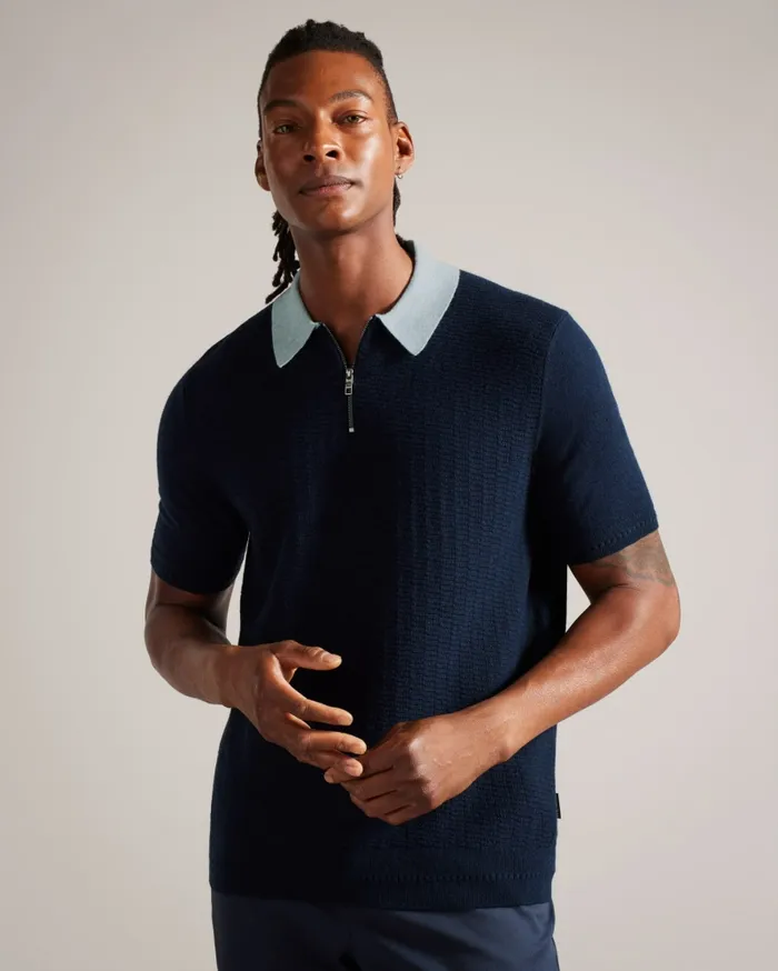 Men ARWIK 8211 Textured Knit Contrast Collar Polo Navy Ted Baker Jumpers and Knitwear