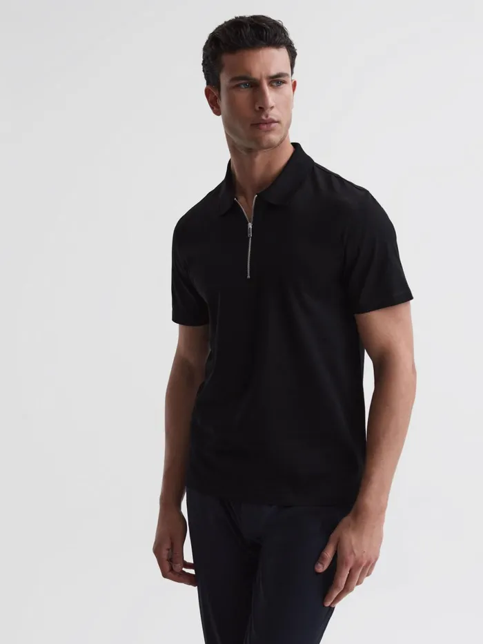 Men Belfry Mercerised Egyptian Cotton Polo Shirt Black Reiss Polo Shirts