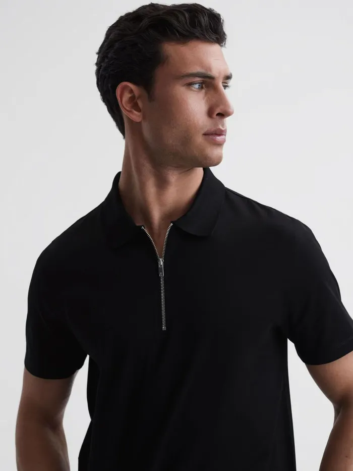 Men Belfry Mercerised Egyptian Cotton Polo Shirt Black Reiss Polo Shirts